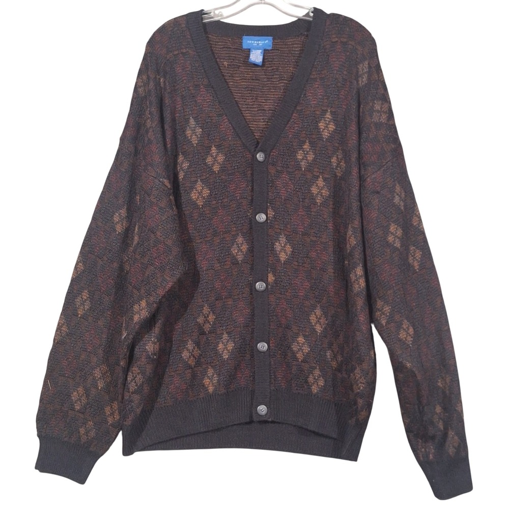 Towncraft Mens XL Argyle Cardigan Sweater Brown Burgundy Black Knit Button Front